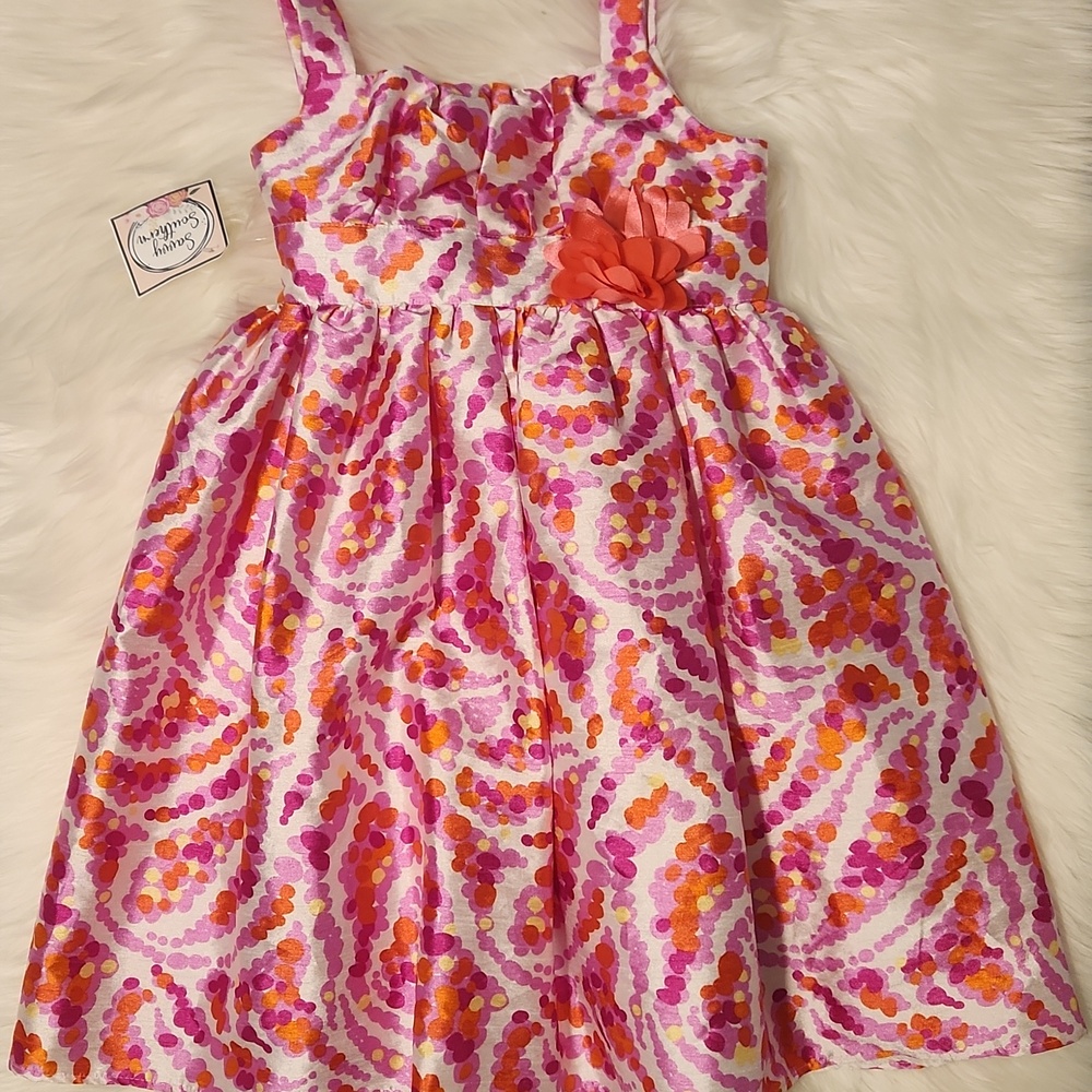 Pink, Orange & White Floral Dot Spring Summer Sundress Flower Accent - Girls 6